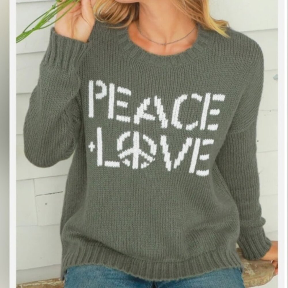 Wooden Ships Chunky Knit Peace Love Crewneck Mohair Blend Sweater Women's XS - Picture 3 of 8